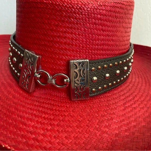 Custom Hat Vintage Fiesta Santa Barbara Red Sunhat w Custom Studded Leather Band - Picture 5 of 7